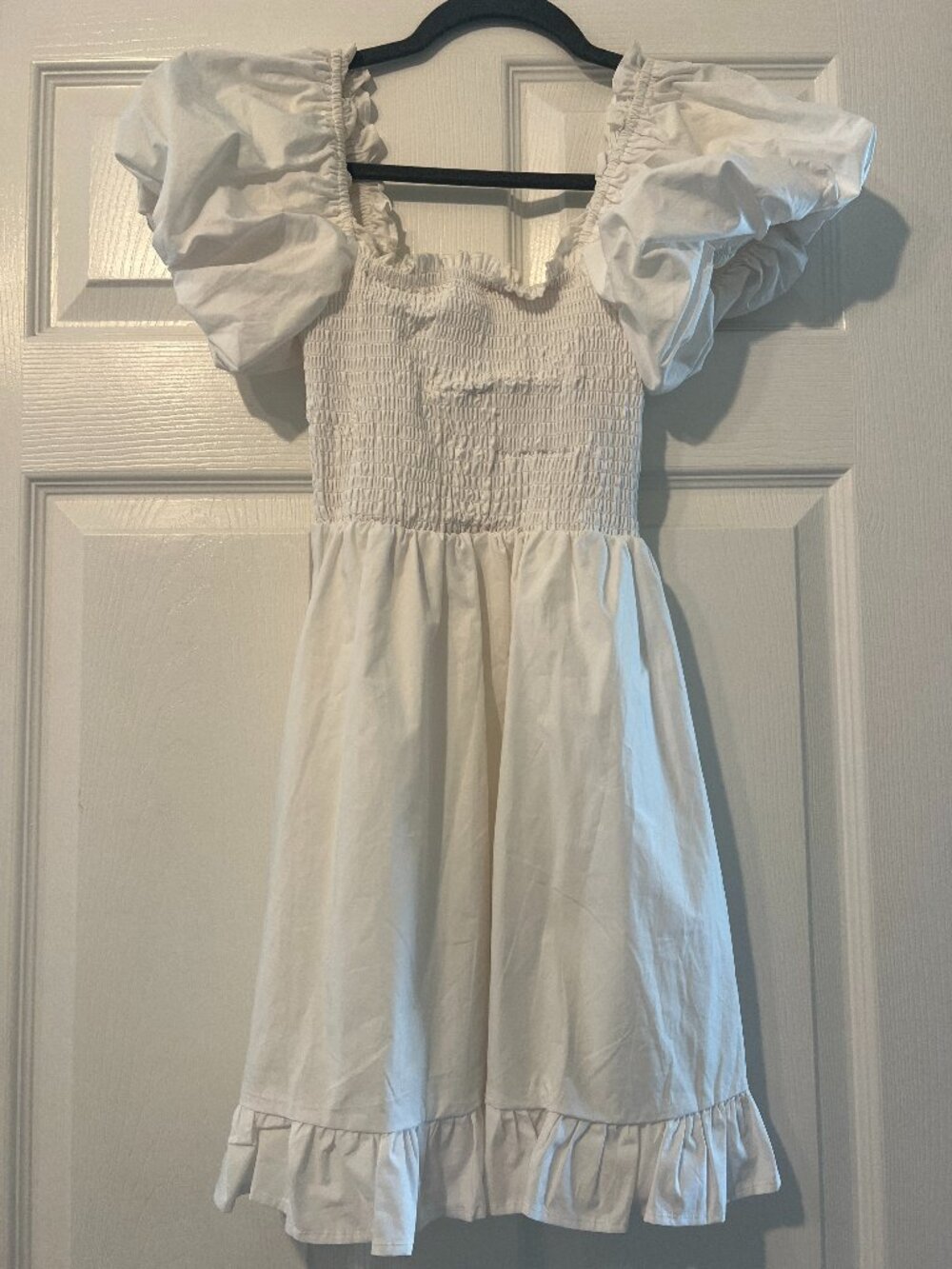 Olivaceous White Smocked Puff Sleeve Ruffle Mini Dress Small